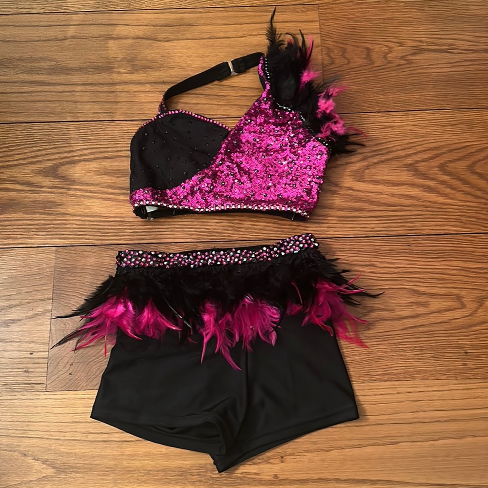 Semi custom XLC glamour dance costume black hot pink feathers sequin rhinestone